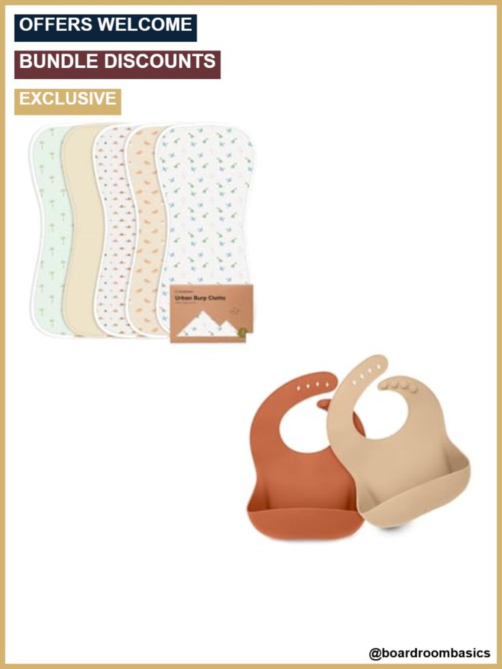 5-Pack Burp Cloths & 2-Pack Silicone Bibs Set, Absorbent Cotton